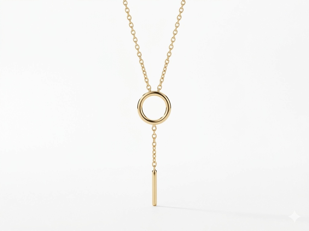 14K Yellow Gold Open Circle Lariat Pendant with Drop Bar Accent. (14K Yellow Gold)