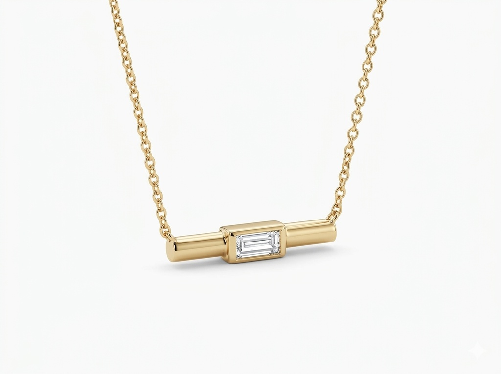 14K Yellow Gold Bezel-Set Horizontal Baguette Bar Station Necklace. (14K Yellow Gold)