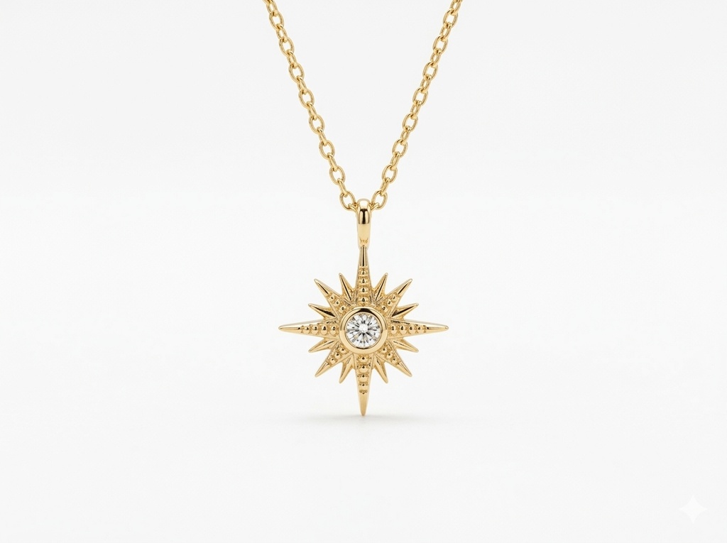 14K Yellow Gold Bezel-Set Diamond Solitaire Starburst Pendant. (14K Yellow Gold)