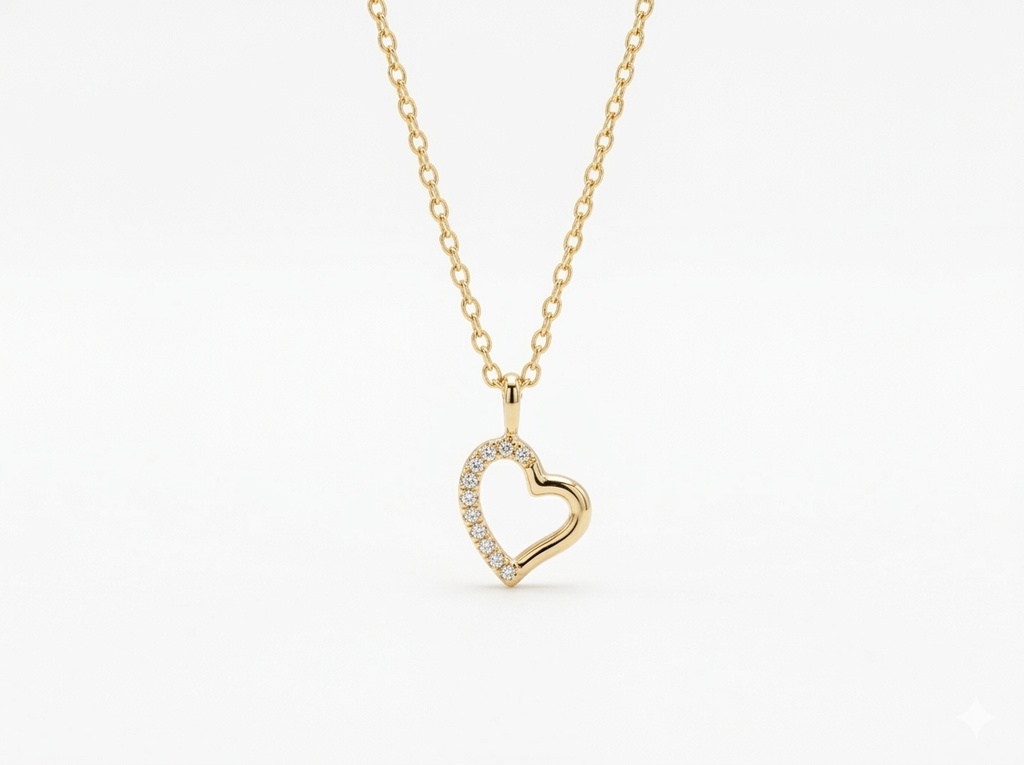 14K Yellow Gold Pavé Diamond Asymmetric Open Heart Pendant Necklace. (14K Yellow Gold)
