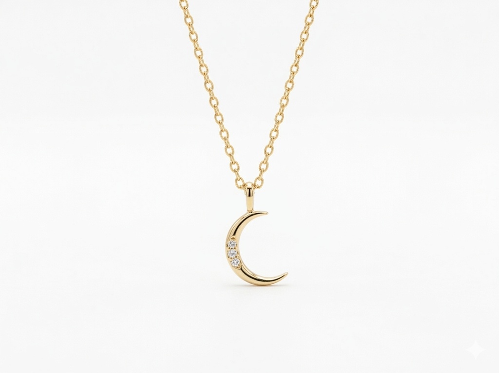 14K Yellow Gold Crescent Moon Pendant Necklace with Pavé Diamond Accents. (14K Yellow Gold)