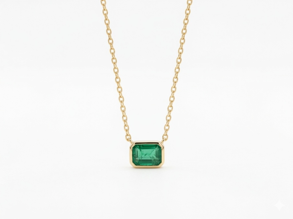 14K Yellow Gold Bezel-Set Emerald-Cut Emerald Station Necklace. (14K Yellow Gold)