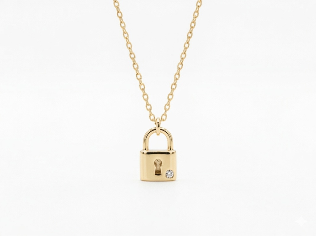 14K Yellow Gold Mini Padlock Pendant Necklace with Diamond Accent. (14K Yellow Gold)