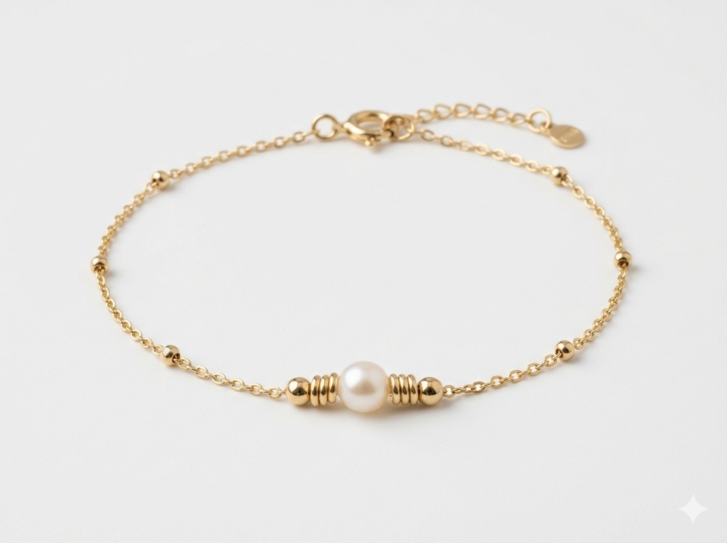 14K Yellow Gold Cultured Pearl and Floating Bead Station Bracelet. (14K Yellow Gold)