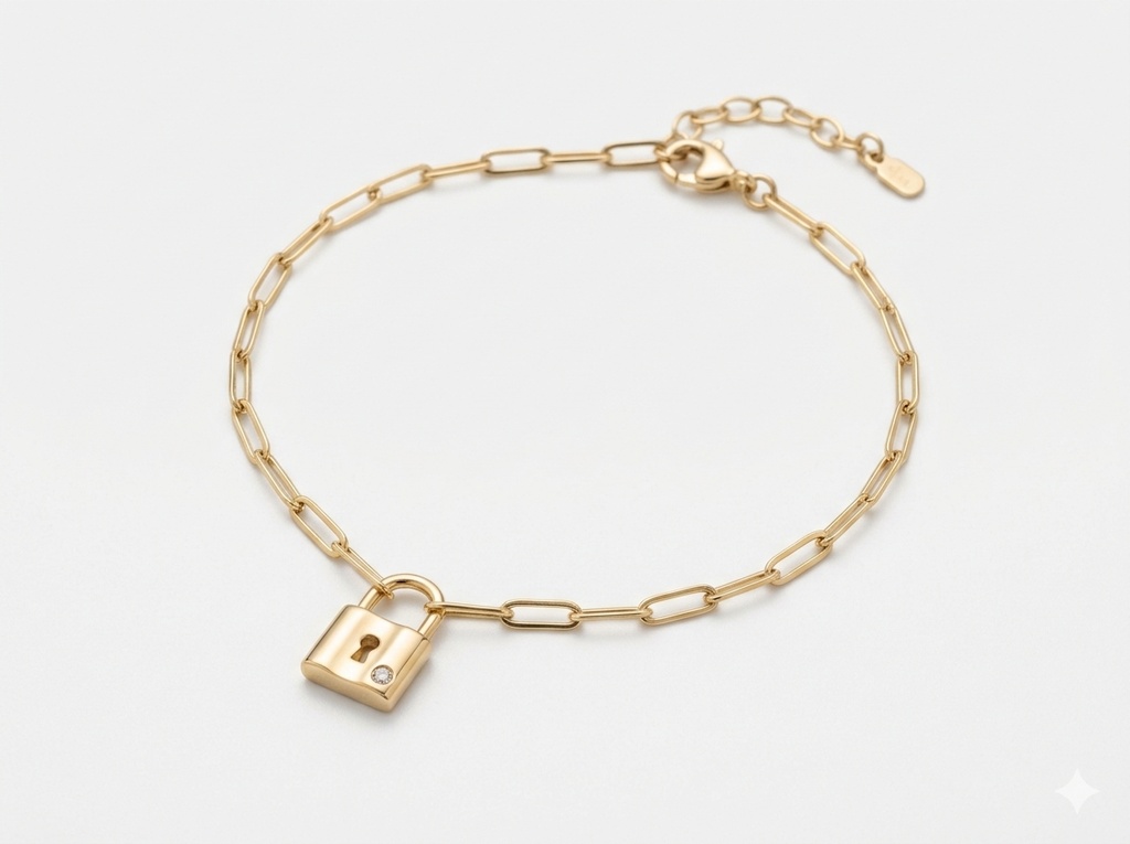 14K Yellow Gold Paperclip Link Chain Padlock Charm Bracelet. (14K Yellow Gold)