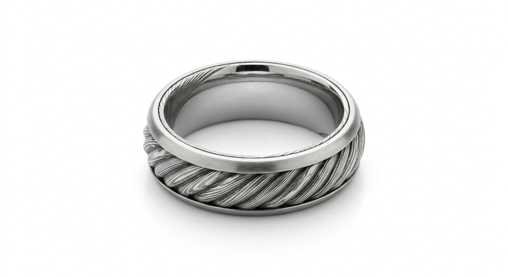 14K white gold The 'Vanguard' Twisted Damascus Steel Minimalist Men's Band (14K Yellow Gold)