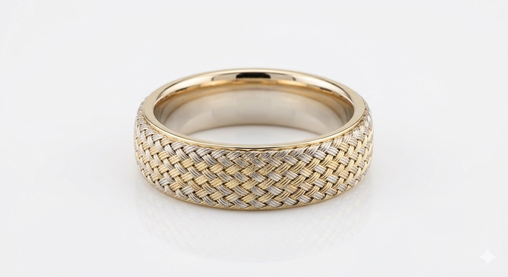 14K Yellow gold two-tone woven mesh comfort-fit men's wedding band. (14K Yellow Gold)