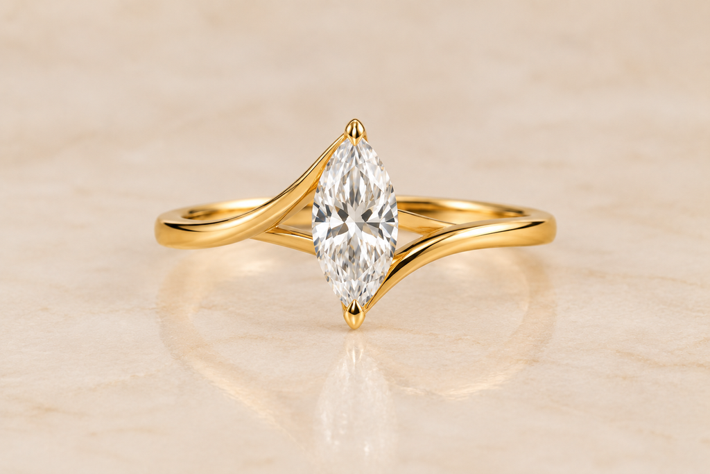 Rosette Compass-Prong Bypass Marquise Solitaire Ring 14K (14K Yellow Gold)