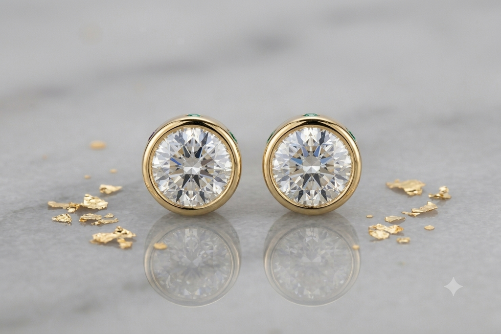 14k Gold Bezel-Set Round Diamond Stud Earring with Multi-Gemstone Accent Rim. (14K Yellow Gold)