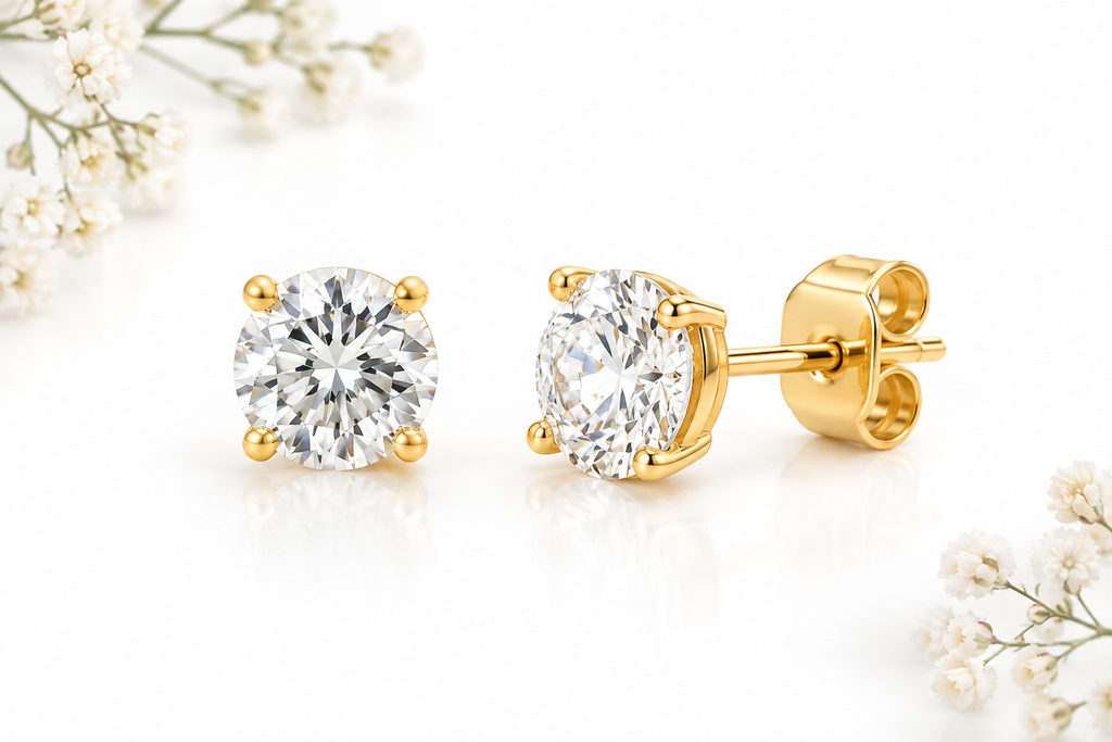 14K Gold Classic Round Diamond Stud Earrings (14K Yellow Gold)
